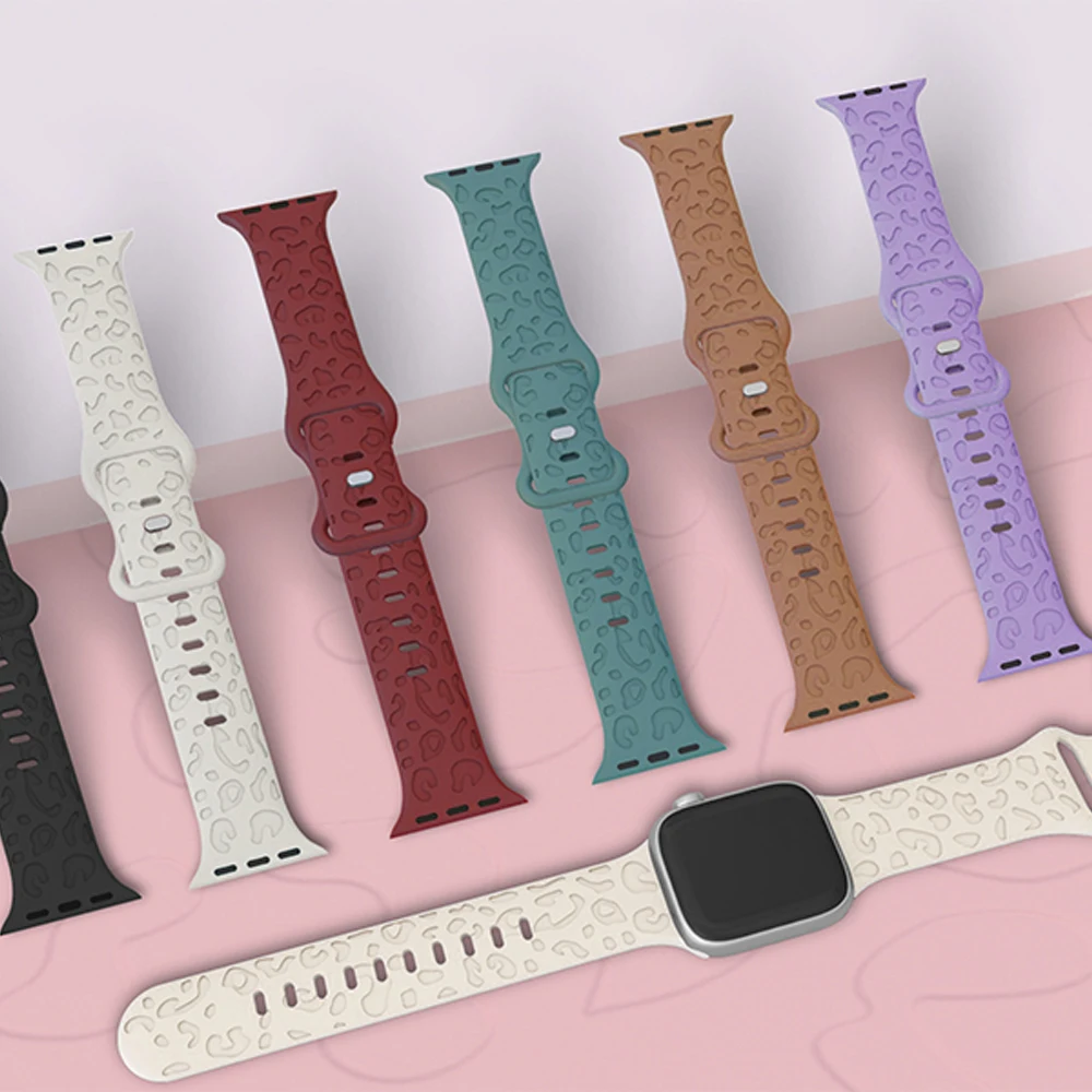 Engraved Leopard Strap For Apple Watch Band 49mm 44 40 41 45 42 46 38mm Silicone Bracelet Iwatch Series 12 11 10 9 8 7 6 5 4 SE