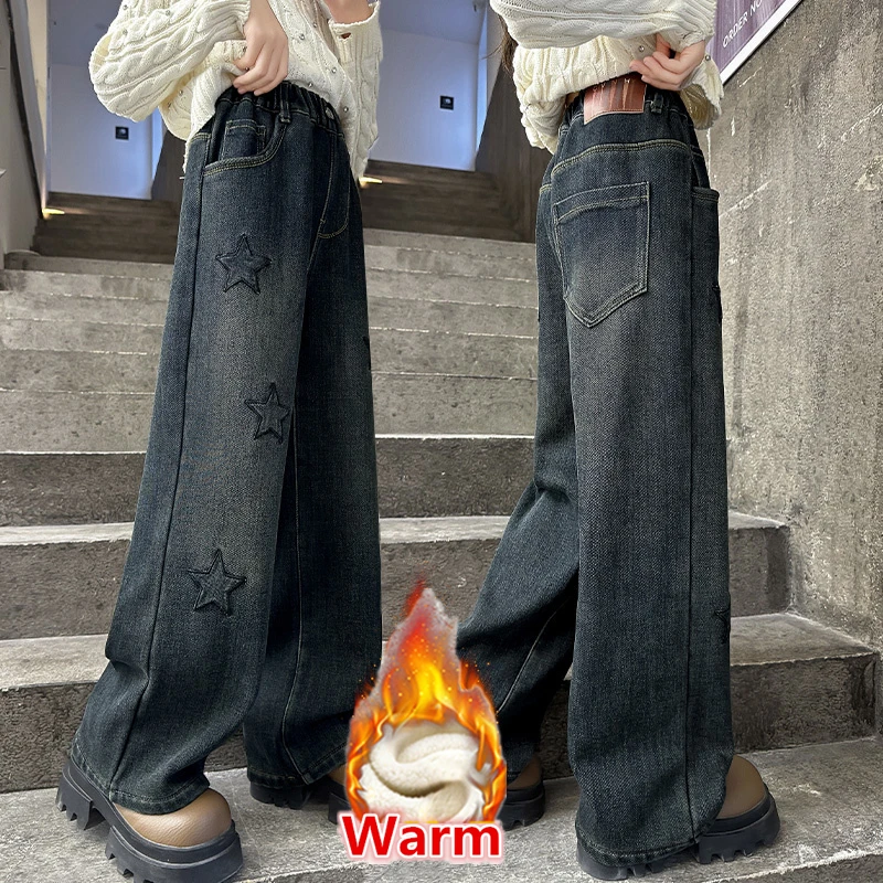 

New Winter Tween Girl Vintage Blue Thermal Jeans With Star Pattern Fleece Lined Denim Pants Kids Child Casual Straight Trousers