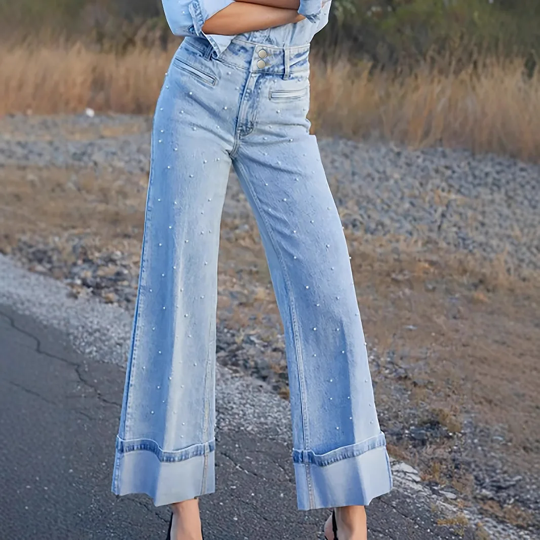 

Весенне-летние новые свободные широкие джинсы с высокой талией, женские модные эластичные свернутые повседневные девятидюймовые джинсы с бисером