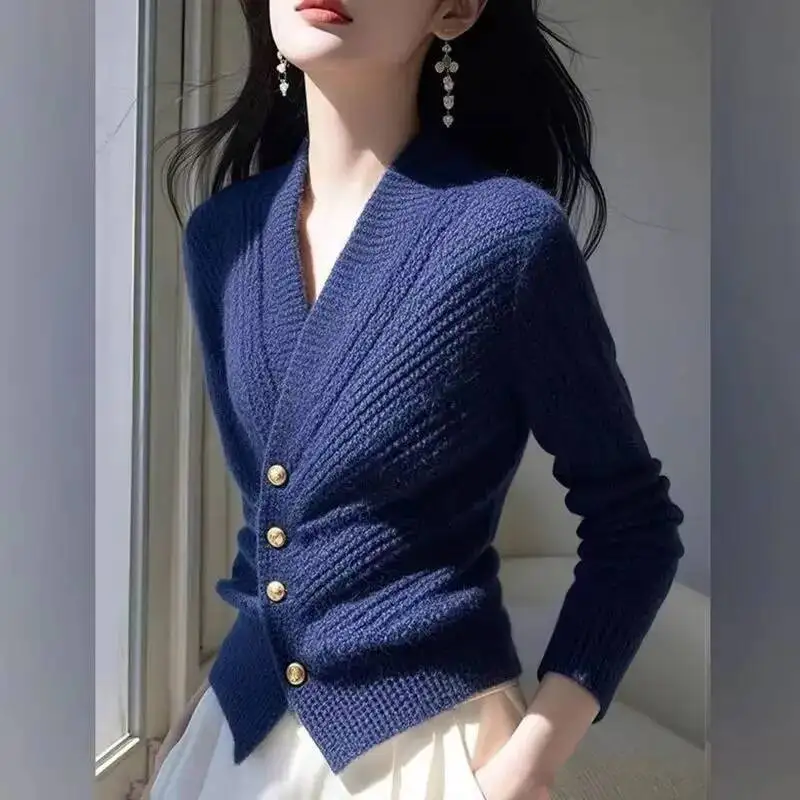 

Autumn 2025 New Knitted Cardigan Women V-Neck Ladies Casual Solid Temperament Waist Knitt Sweater Female Outwear