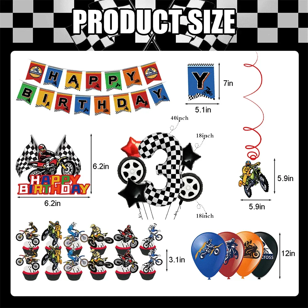 Dirt Bike Party Supplies Happy Birthday Banner Hanging Swirls Motocross Number Balloons Motorcycle Rally Boy Birthday Decoration