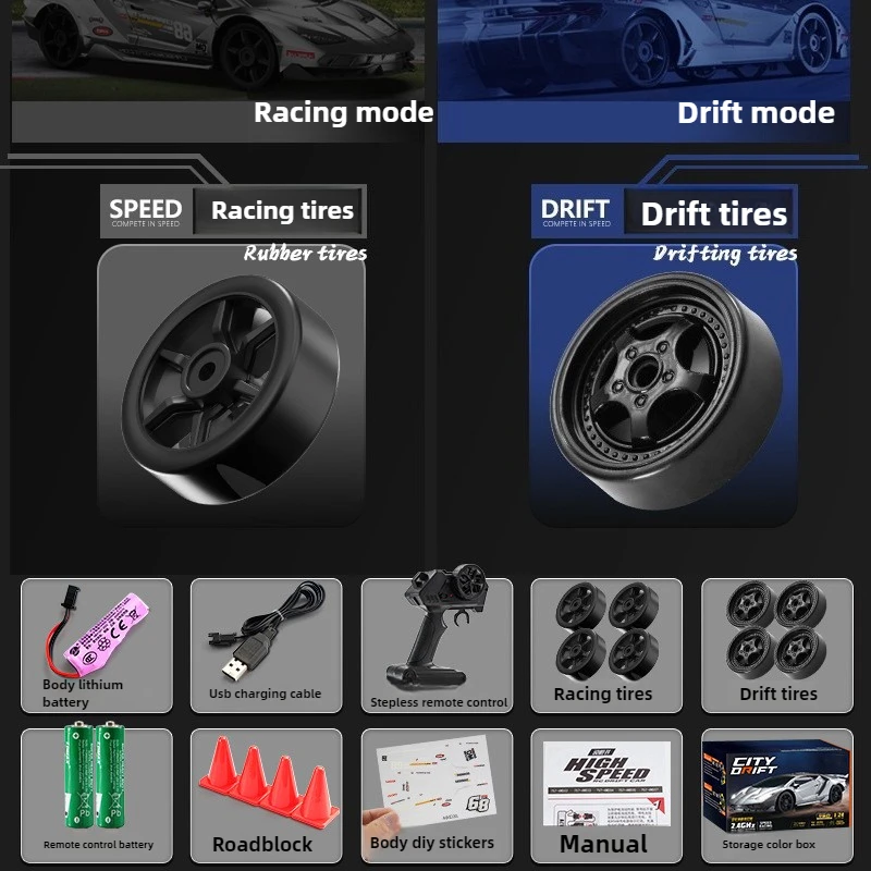 クールなおもちゃの車 面白いギフト-1:24 高速4WD RCドリフトカー、かわいいステッカーレーシングカー、リモコンカーモデル、子供向けおもちゃ