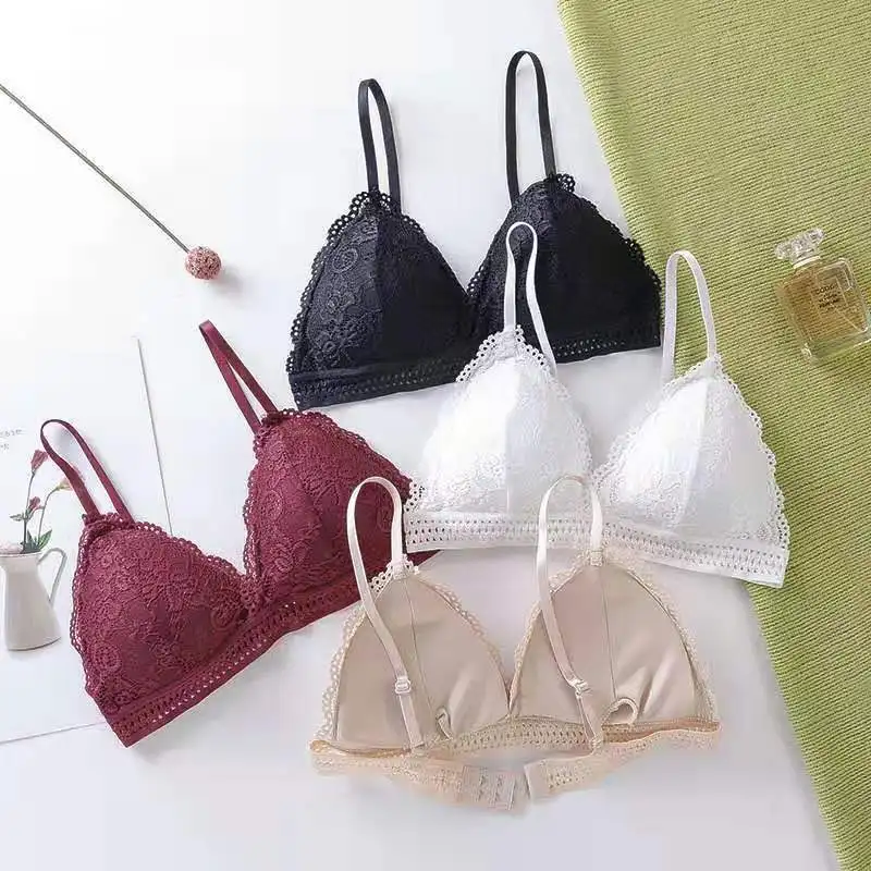 1pcs French Triangle Cup Lace Bra without Steel Ring Halter Gathered Breathable Summer Ladies Underwear