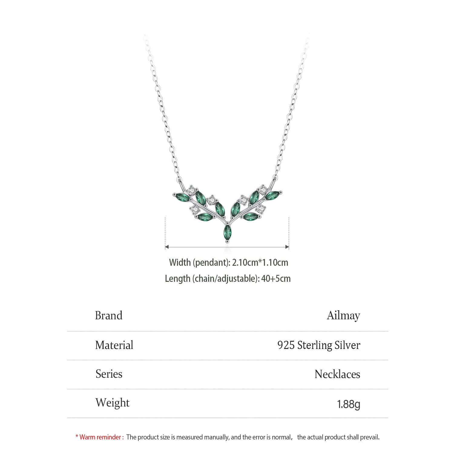 Ailmay 925 Sterling Silver Temperament Green Zircon Olive Branch Leaves Pendant Necklace For Women Jewelry Wedding Gift