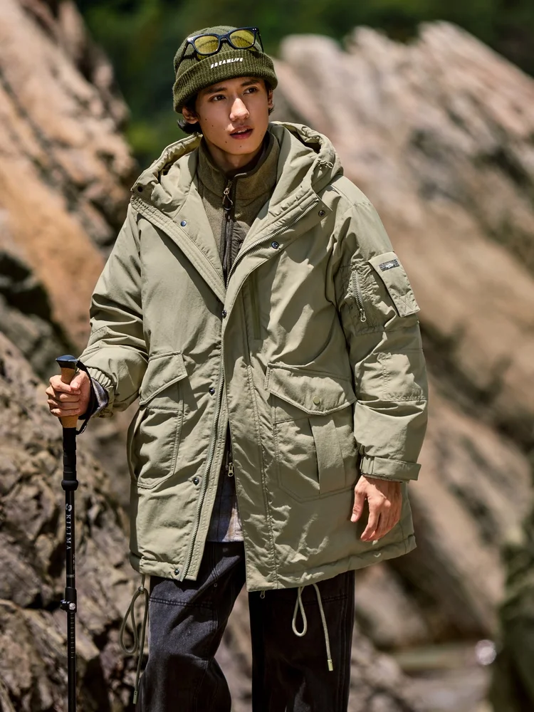

ex Snowproof Outdoor Mountain Series Mid-Length Du down Jaet Warm Youth Faion Nylon Fabric Hooded Straight Cut Coat