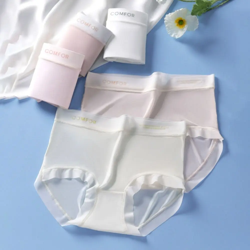 

Letter Printed Summer Ice Silk Panties Ruffle Cotton Crotch Seamless Ice Silk Briefs Simple Thin Women's See Through Underpants