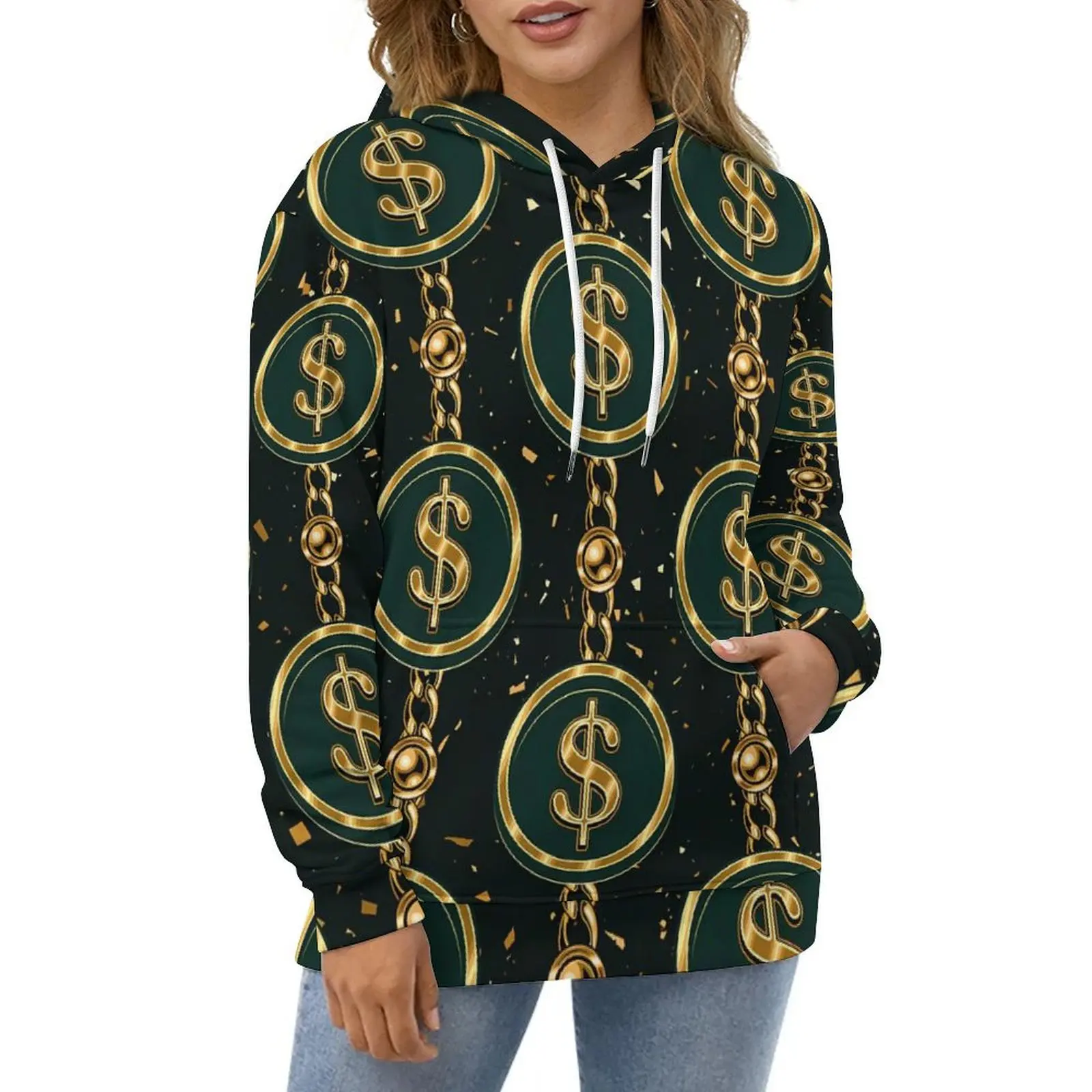 Correntes e miçangas hoodies ouro dólar streetwear oversized hoodie unisex manga longa design estético camisolas casuais