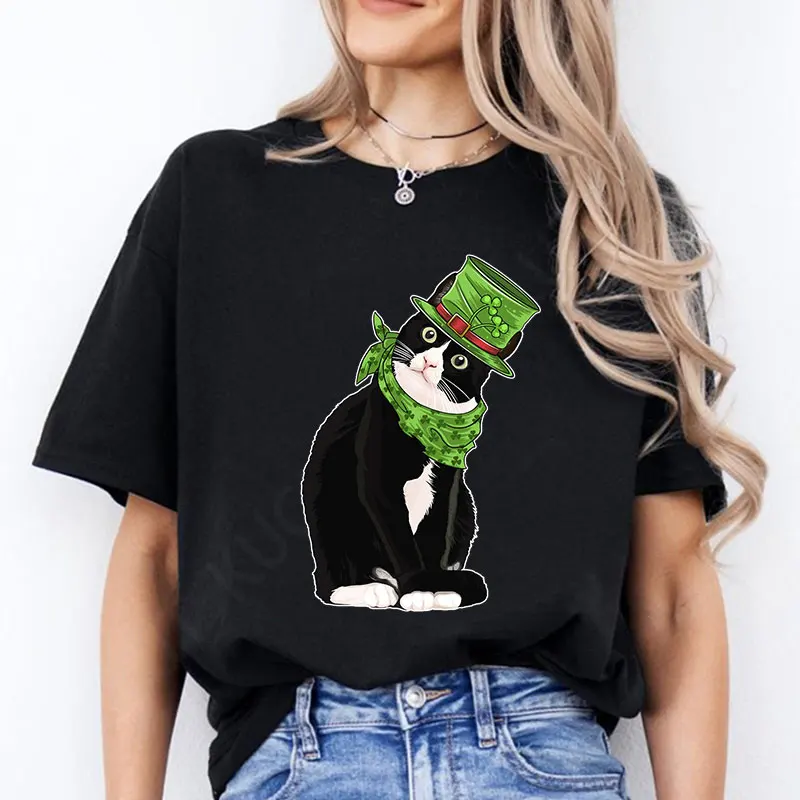 St Patrick's Day Print T-shirt Women Summer Short Sleeve T-shirts Cut Black Cat with Leprechaun Hat Funny Irish Fashion Tee Tops