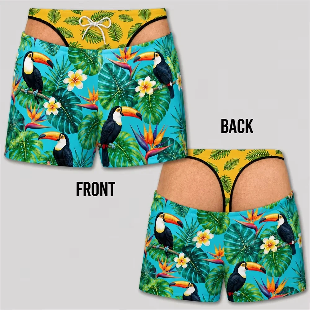 Men Novelty Cutout Swim Trunks 3D Print Tropical Sunset Ocean Animal Print Elastic Drawstring Summer Beach Party Shorts