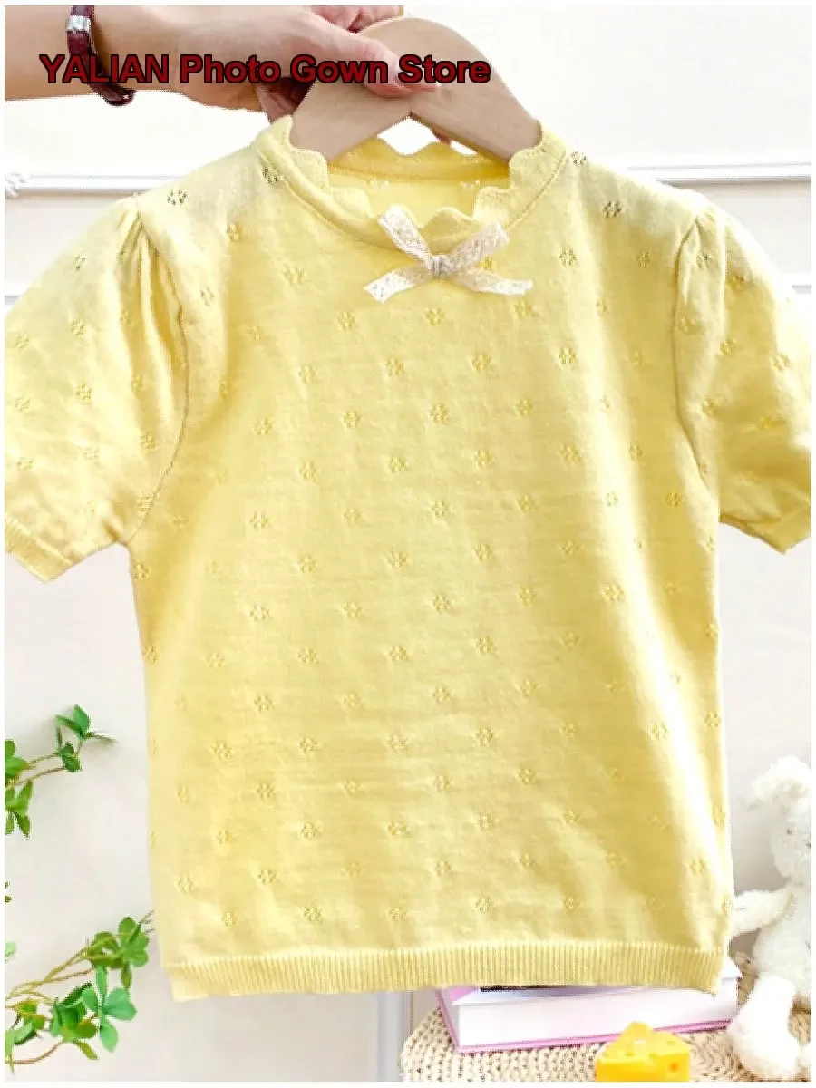 Baby Girl Knit Top Summer Air-Conditioning Short Sleeves Pure Cotton Pullover Sweater Hollow Out Breathable Girls