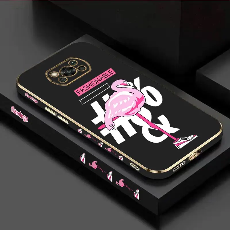 Pink Flamingos Luxury Plating Phone Case For Xiaomi POCO X3 X5 M4 M5 M3 X5Pro X4GT X3GT X3NFC X4NFC X4Pro X3Pro F4 F5 F4GT Cover