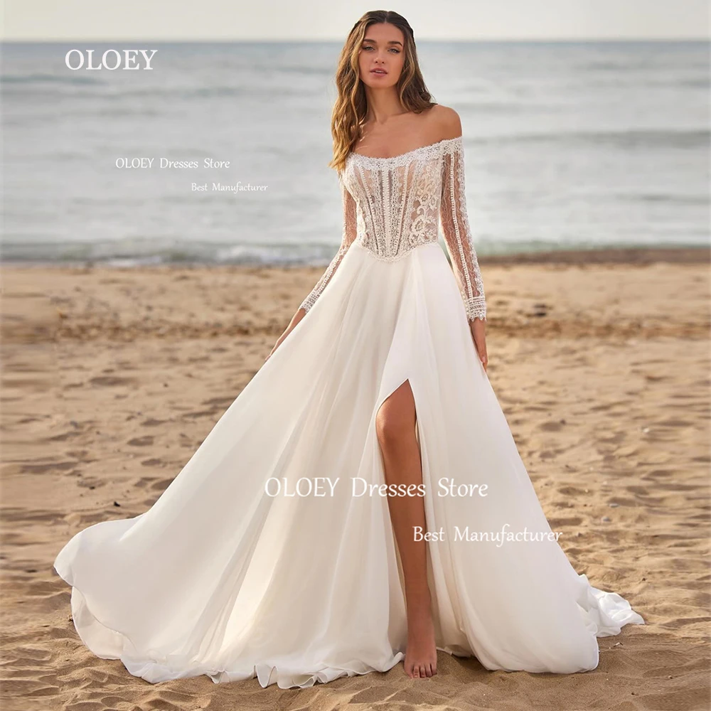 

OLOEY Exquisite Ivory Lace Wedding Dresses High Slit Long Sleeves Floor Length Vintage Bridal Gowns Robe de marriage Custom Made