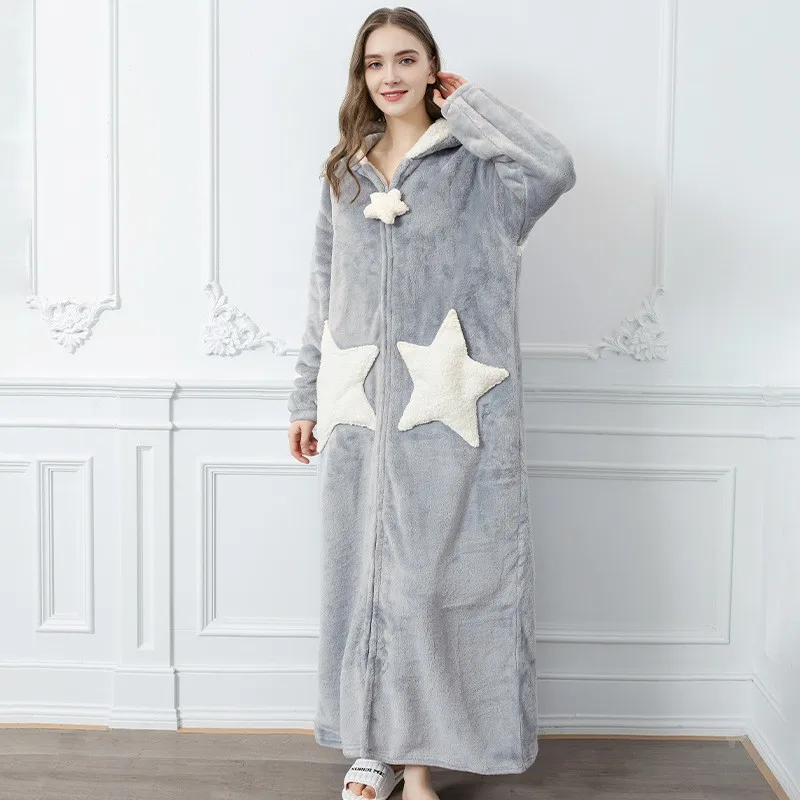 Hooded Zipper Kimono Bathrobe Gown Winter Warm Coral Fleece Sleepwear Women Loose Peignoirs Couple Cute Star Nightgown Robes