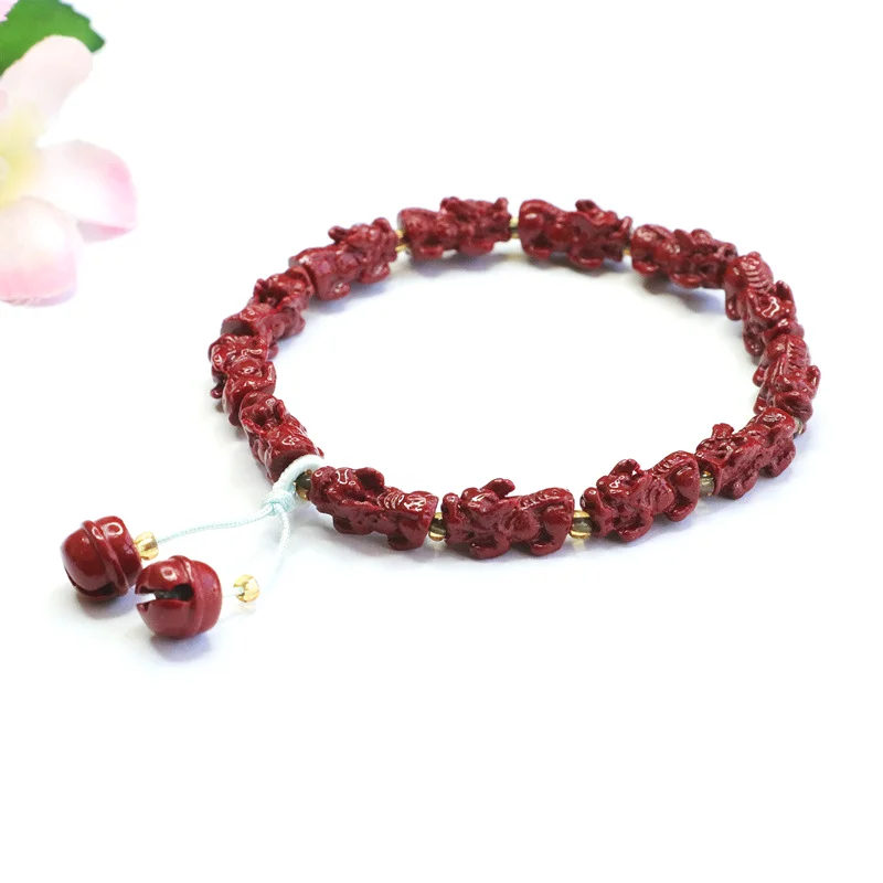 Red Natural Cinnabar Pixiu Bracelet Bell Bangle Real Jewellery Carved Gemstone Fashion Charm Lucky Amulet Gifts for Women Men