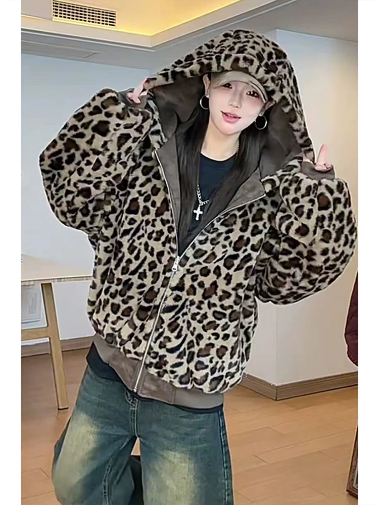 

American Sle Double-Sided Wear Mountain Eagle Leopard Print Jaet Thiened Fce Cotton Coat for Men And Women Winter Hat