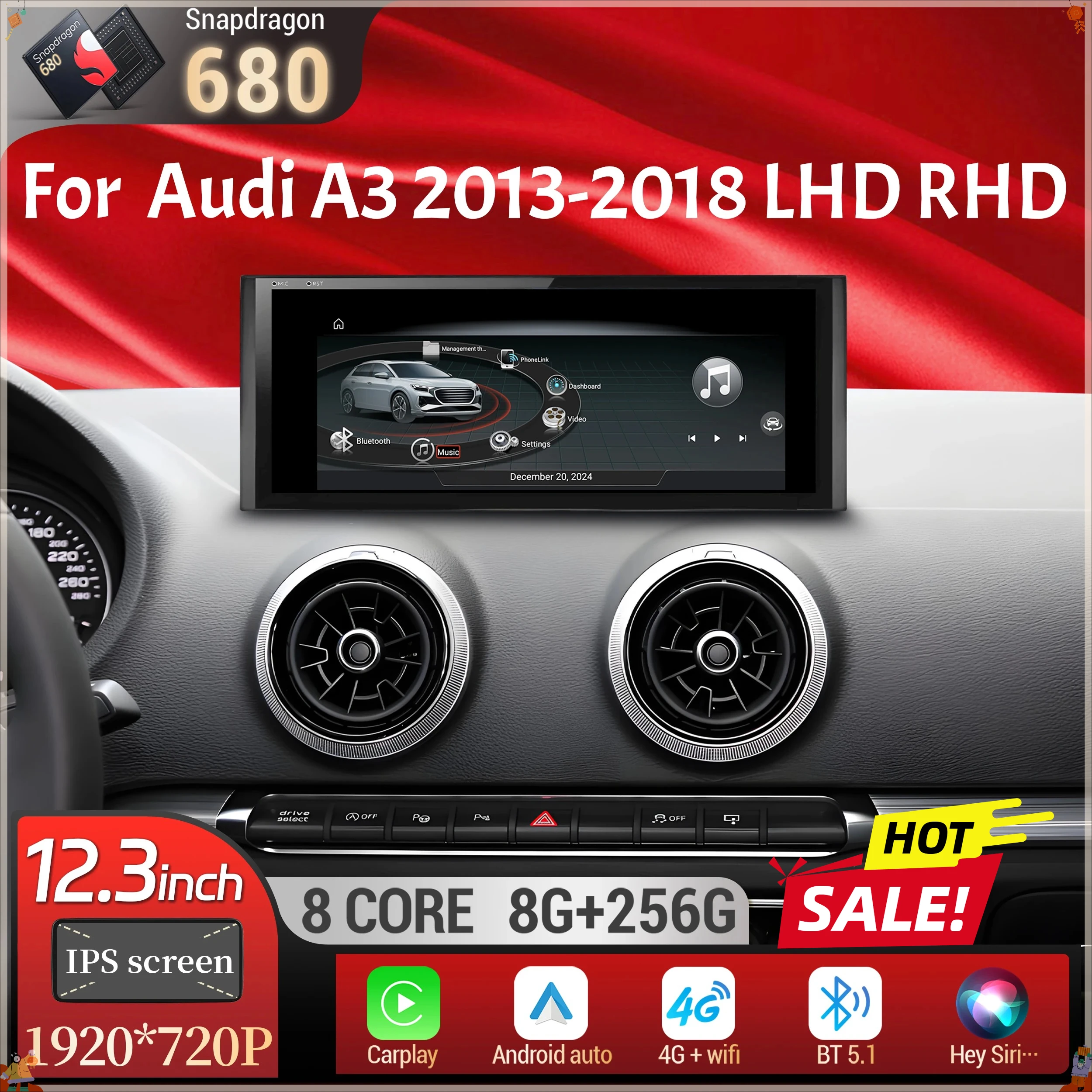 12.3 inch For Audi A3 2013-2018 Android 14 Car Radio Wireless Bluetooth Carplay Qualcomm Snapdragon 680 System Head Unit Screen