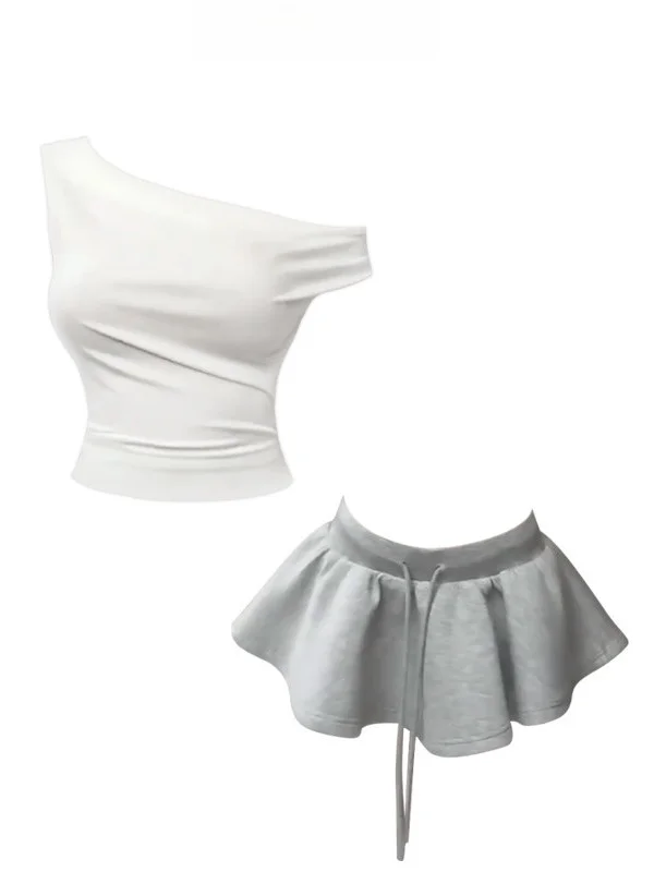 

Сексуальный облегающий топ с открытыми плечами и юбка А-силуэта с высокой талией, комплект из двух предметов, повседневный, с коротким рукавом