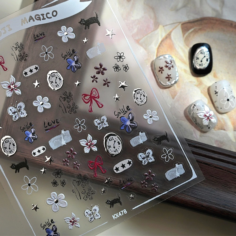 

Ins Style Graffit Silver Clock Stars Red Bowknot Flowers Butterfly Kitten 3D Self Adhesive Nail Art Sticker Cute Manicure Decals