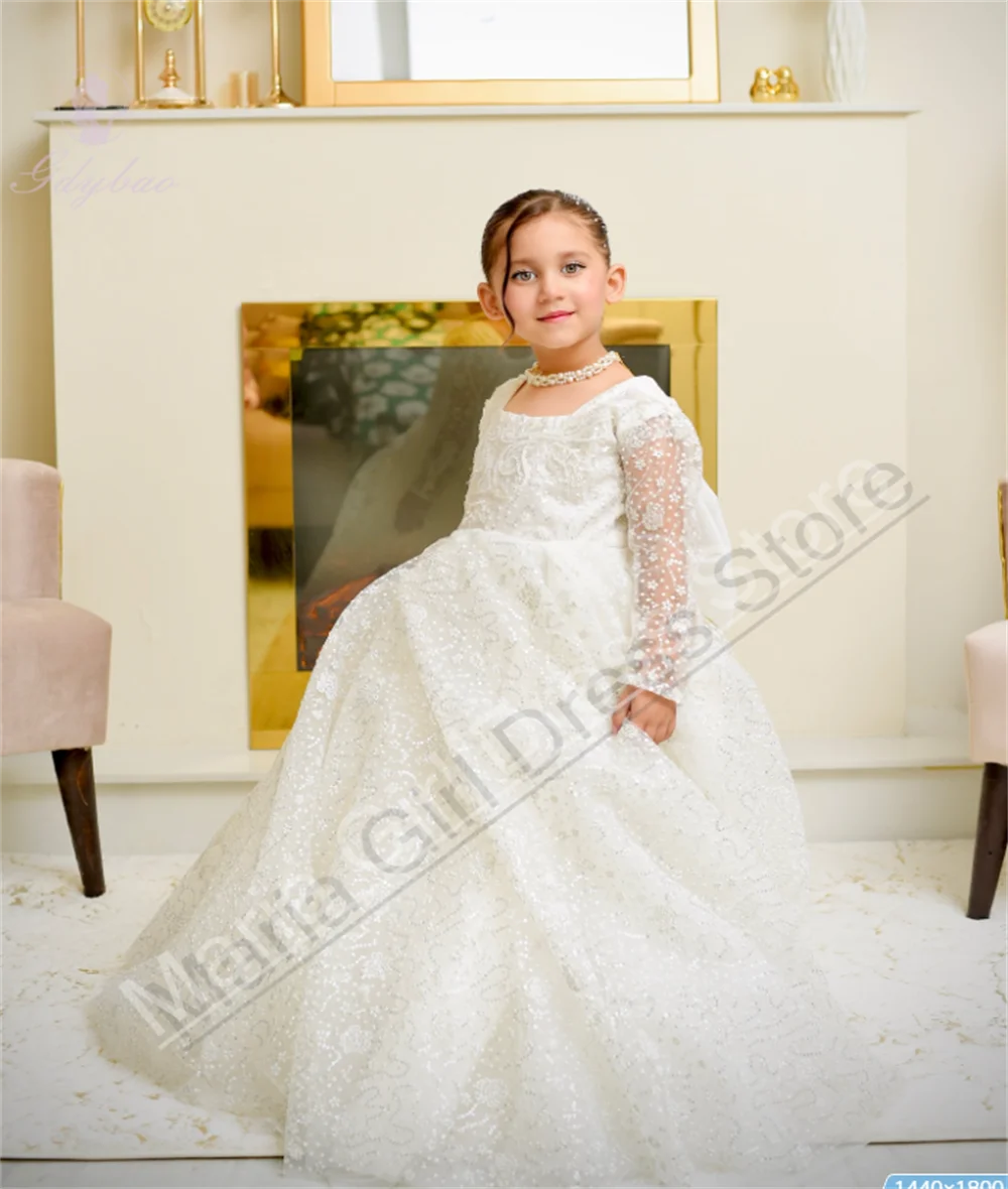 فساتين لحضور الحفلات الموسيقية للفتيات باللون العاجي متألقة ورقبة مربعة وأكمام طويلة تناسب فساتين عرض أعياد الميلاد للأطفال