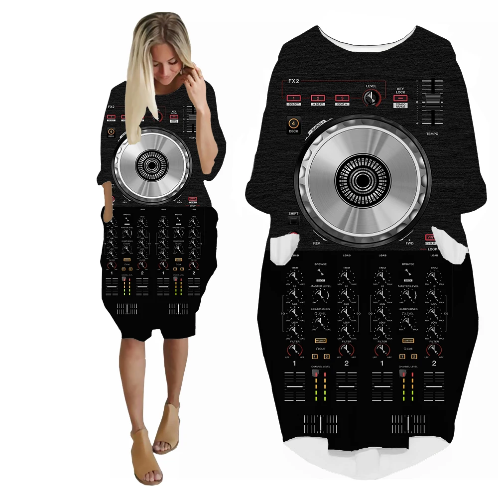 SONSPEE New DJ Disc Player Pattern 3D Print Women's Dress Long Sleeve Digital Controller Skirt Loose Punk Street Streetwear