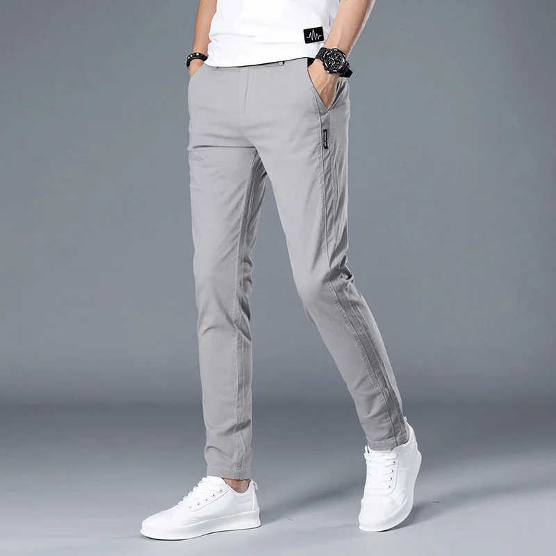 

Summer Cotton Blend Slim Fit Sporty Pants Men's Casual Long Trousers Breathable Thin Elastic Youthful Style Leisure Fashion