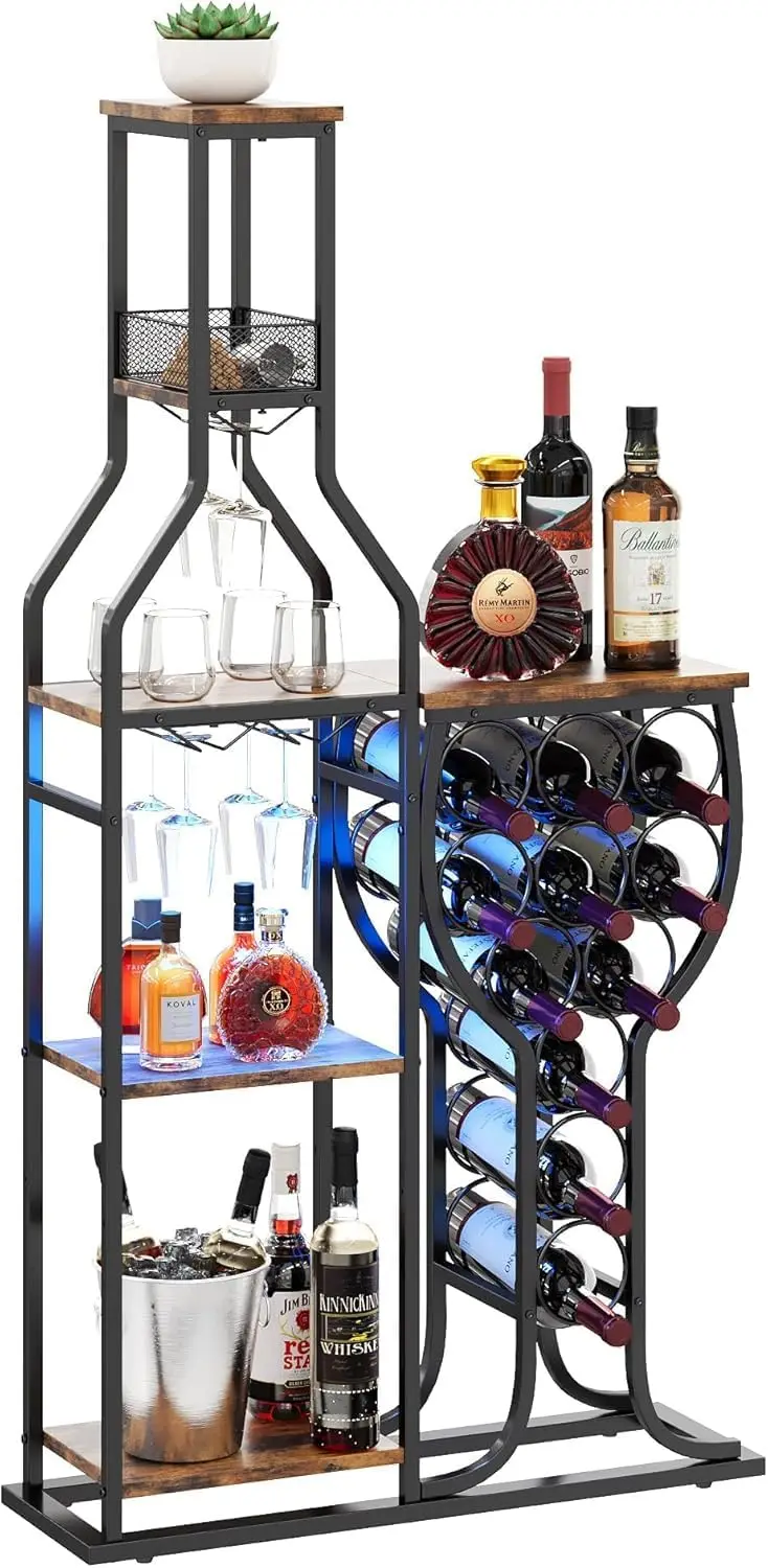 

5-Tier Freestanding Wine Rack with Glass Holder, RGB Lights, and Storage for Home Bar