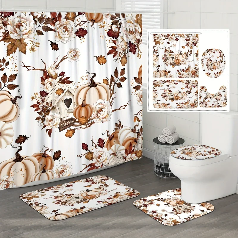 Pumpkin Fall Shower Curtain Set with Flowers, Pastoral Polyester Bathroom Decor - Water-resistant & Machine Washable, Includes 1