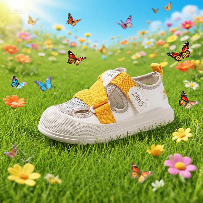 

Children's Sports Sandals Size 23-33 Yellow Mesh Breathable Boys Girls Single Shoes Summer Red Casual Versatile Kids Sneakers
