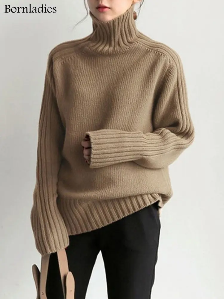 Bornladies 2022 Autumn Winter Loose Turtleneck Pullover Basic Warm Sweater for Women Korean Soft Kniited Solid Sweater Tops