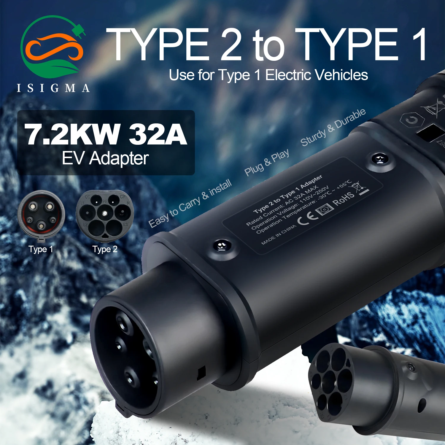 Isigma 32A Type2 IEC62196-2 to Type1 SAEJ1772 EV Charger Adapter 22KW Type2 to GBT Electric Vehicle Charging Connector Converter