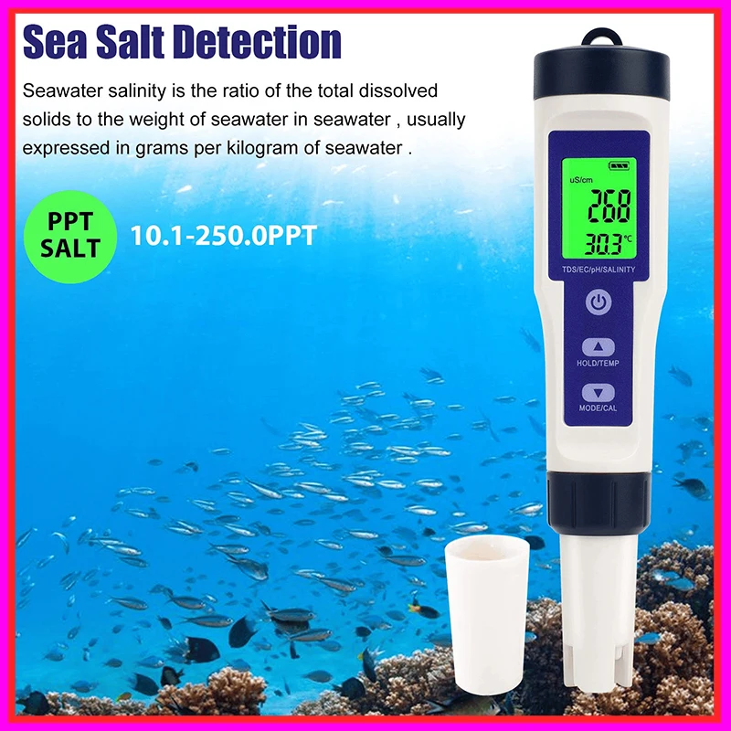جهاز اختبار درجة الحموضة 5 في 1 درجة الحموضة TDS EC مقياس الملوحة الرقمي مقاوم للماء مع وظيفة المعايرة التلقائية جودة المياه