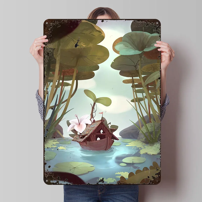 Petit Bateau Nenuphars-Póster de Metal, carteles de estaño, decoración estética para habitación, letrero de Metal personalizado para decoración artística de pared, decoraciones para dormitorio