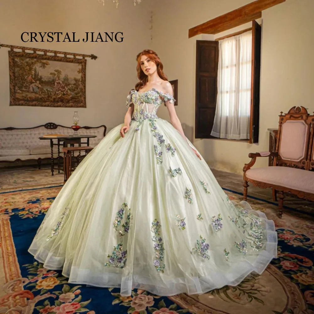 

Fashion Long Green Off the Shoulder Tulle Short Sleeves with Appliques Ball Gown Floor Length فساتين Quinceanera