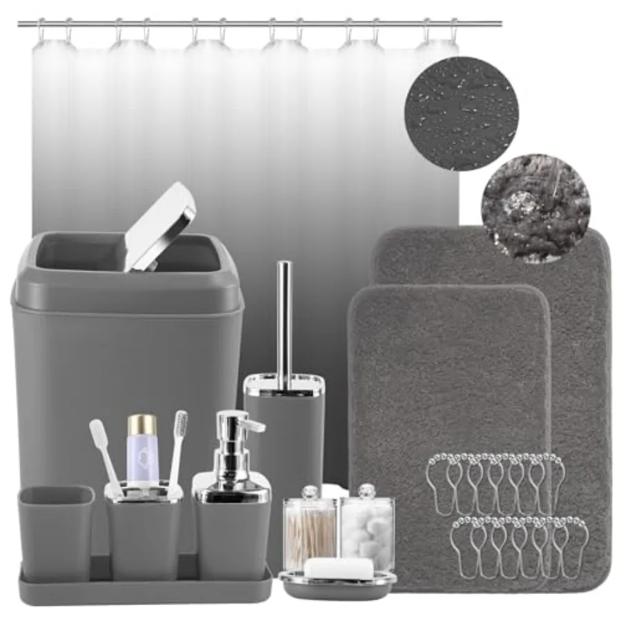 

Grey Bathroom Accessories Set with Shower Curtain and Rugs Trash Can Tray Soap Dispenser Soap Dish Toothbrush Holder Toothbrush