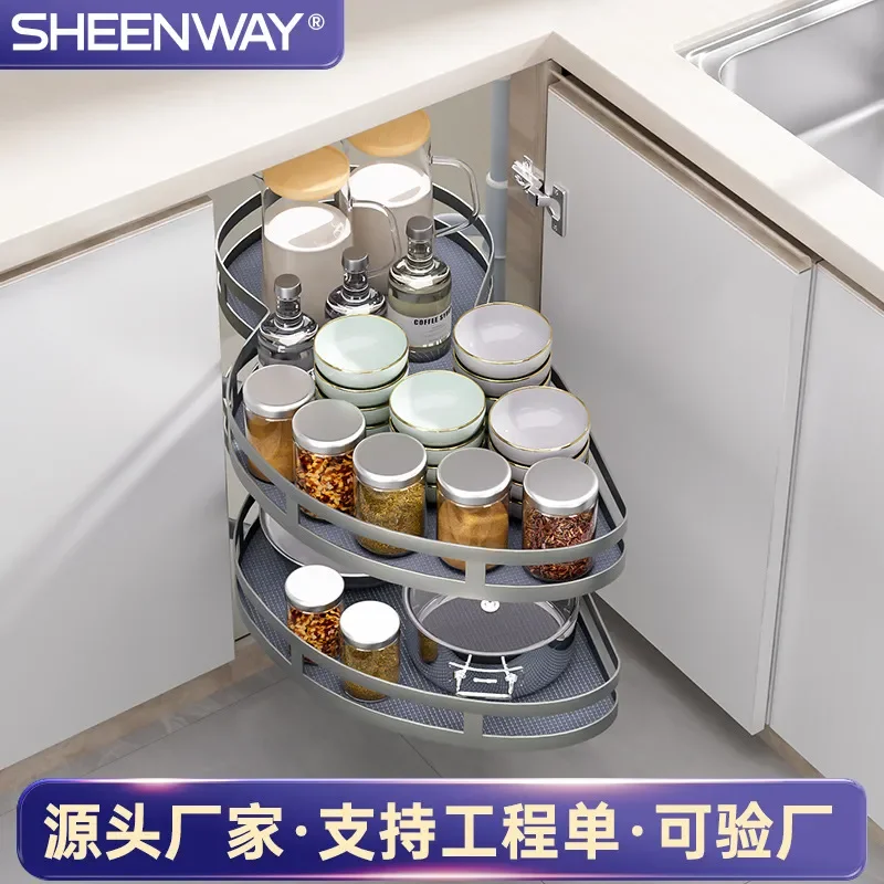 For Kitchen Corner Rotating Lazy Susan Small Size Double Pull Out Basket Cabinet Organizer Pot Bowl Rack Space Saving Storage