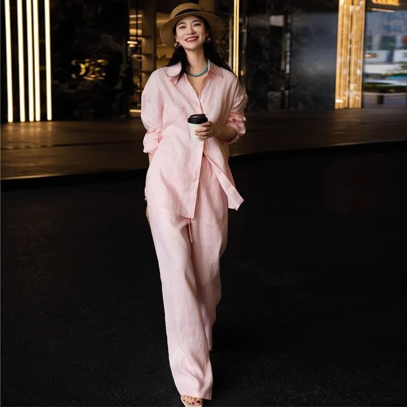 

Fashionable and Relaxed Cotton Linen Shirt Set Women Summer New Style Loose Sun-protective Shirt Wide-leg Pants Two-piece Set