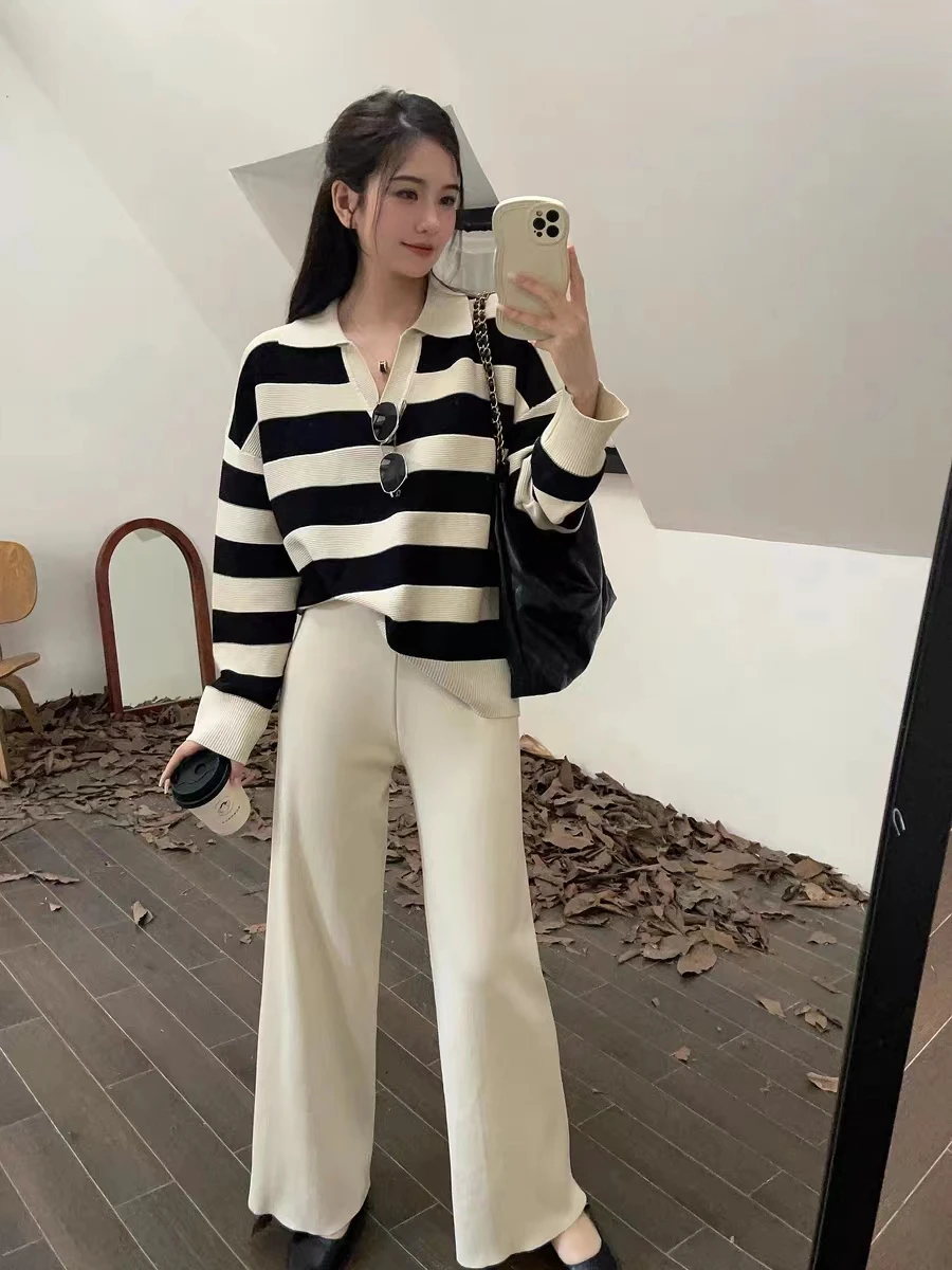 New Vintage Striped Knitted Two Piece Set Women Lapel Long Sleeve Pullover Sweater + Wide Leg Pants Sets Casual Loose Outfits