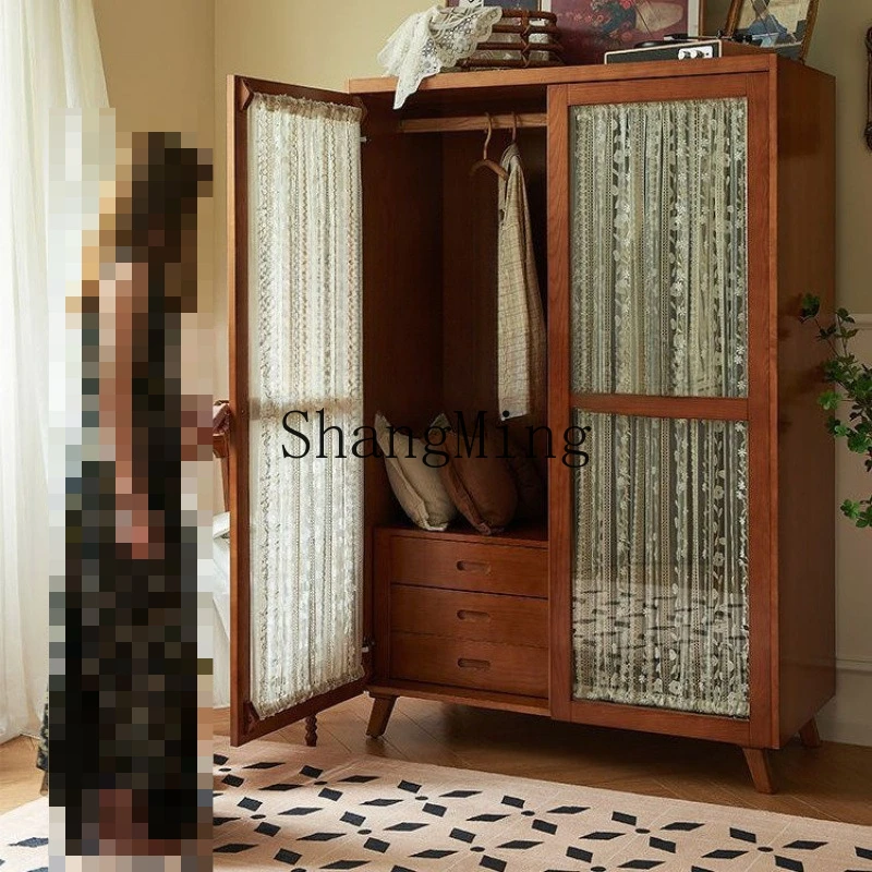 

SM retro solid wood double door gauze curtain glass cabinet bedroom home hanging clothes storage large wardrobe combination