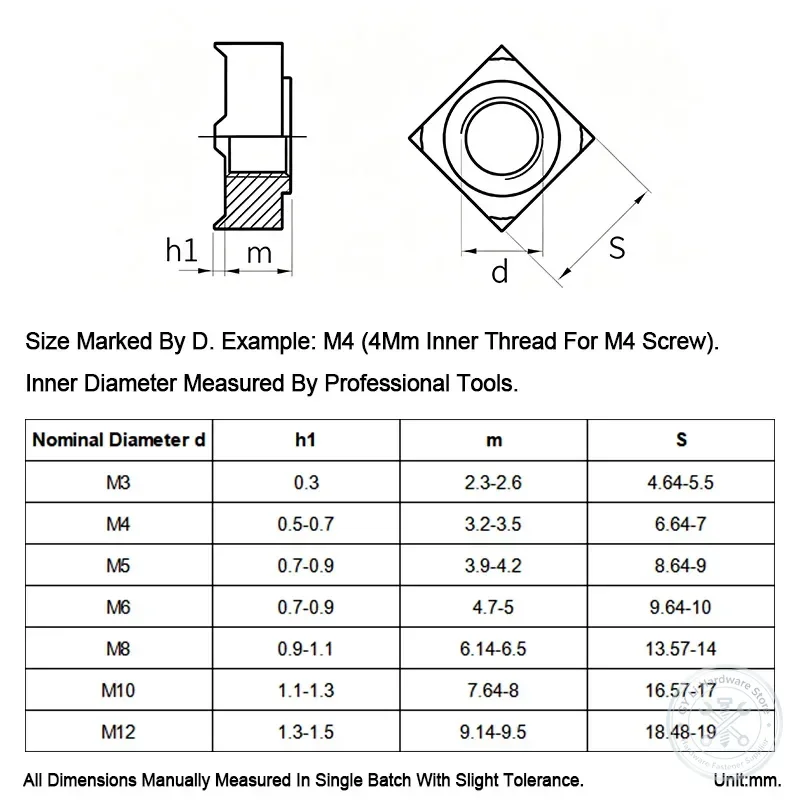 Square Spot Weld Nut DIN928 Type A Type B, Carbon Steel 304 316 Stainless Steel Square Welding Nuts M3-M12 Sheet Metal Fastener