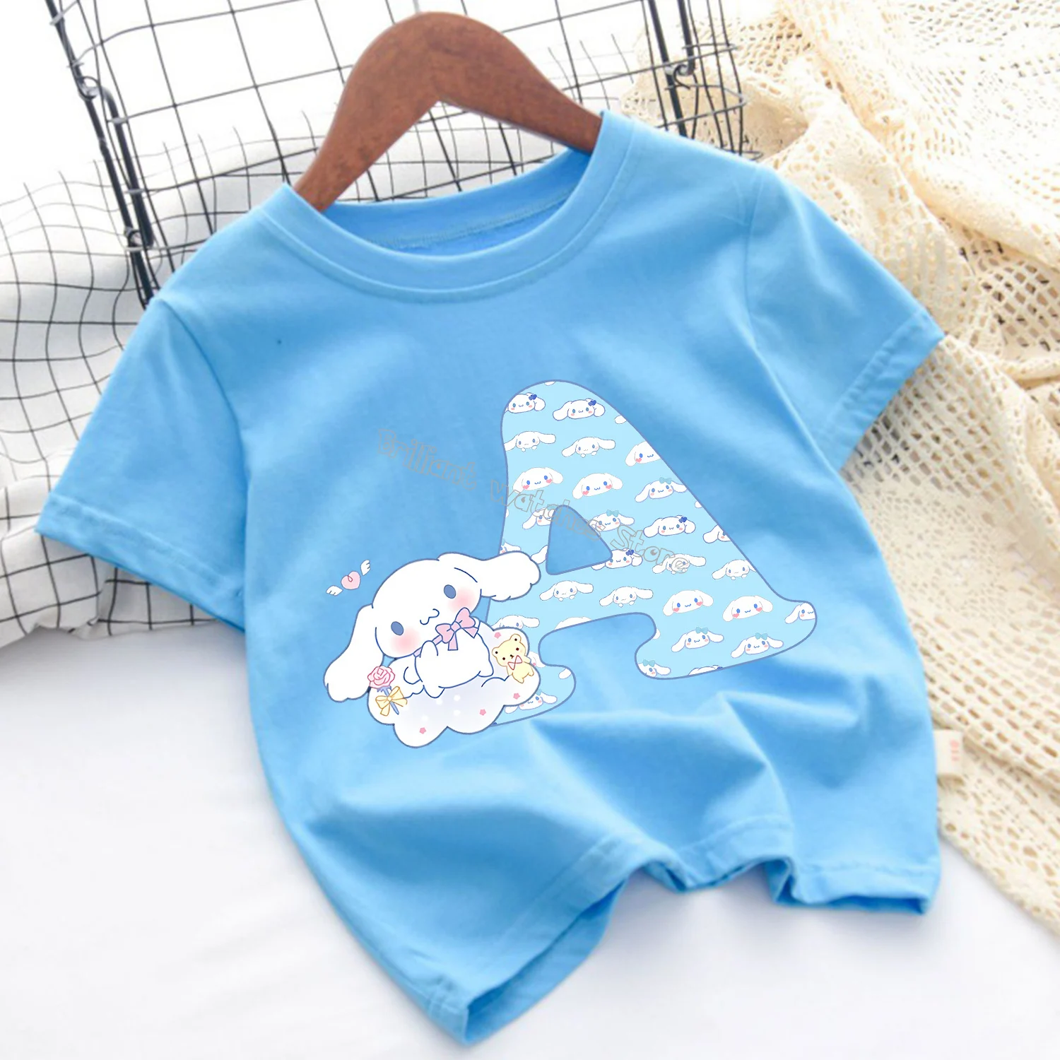 Cinnamoroll 26 Letters T-shirt Children Sanrio Cartoon T-shirt Fashion Blue Short Sleeve Cute Anime Loose Clothing Kids Tee Gift