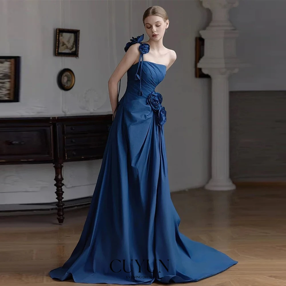 

CUYUN Blue Elegant Women Evening Gown Customized One Shoulder Handmade Flower Birthday Dress for Party
