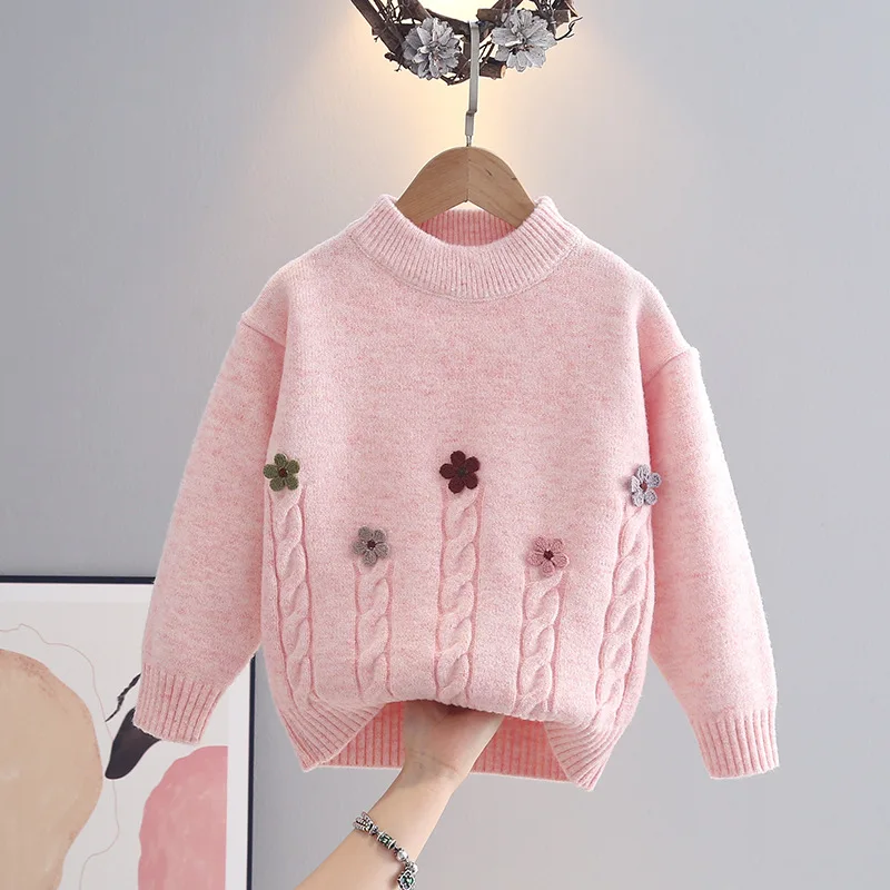 Autumn/Winter New Arrival Girls' Round Neck Floral Knit Sweater – Cozy Pullover Top for Toddlers and Kids