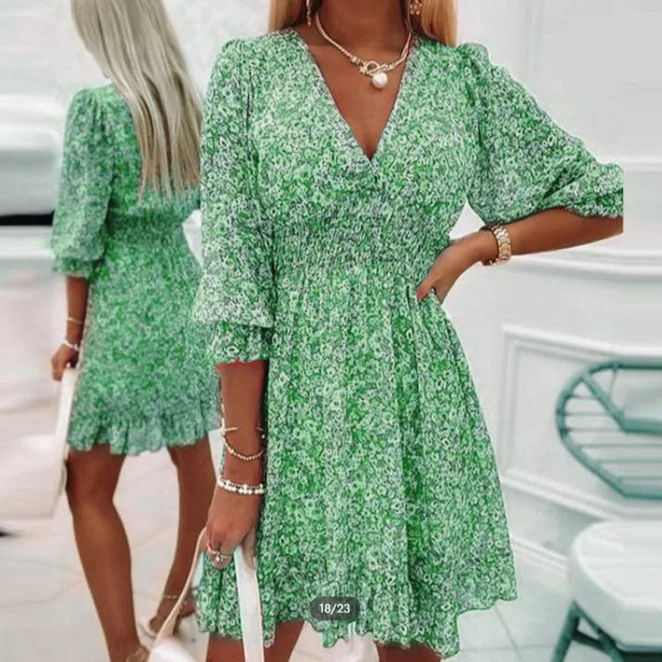 

Women Summer Bohemian Fashion Dress V Neck Beach Nipped Waist Floral Party Pullover Deep Print Short-sleeve Floral Bright Dress