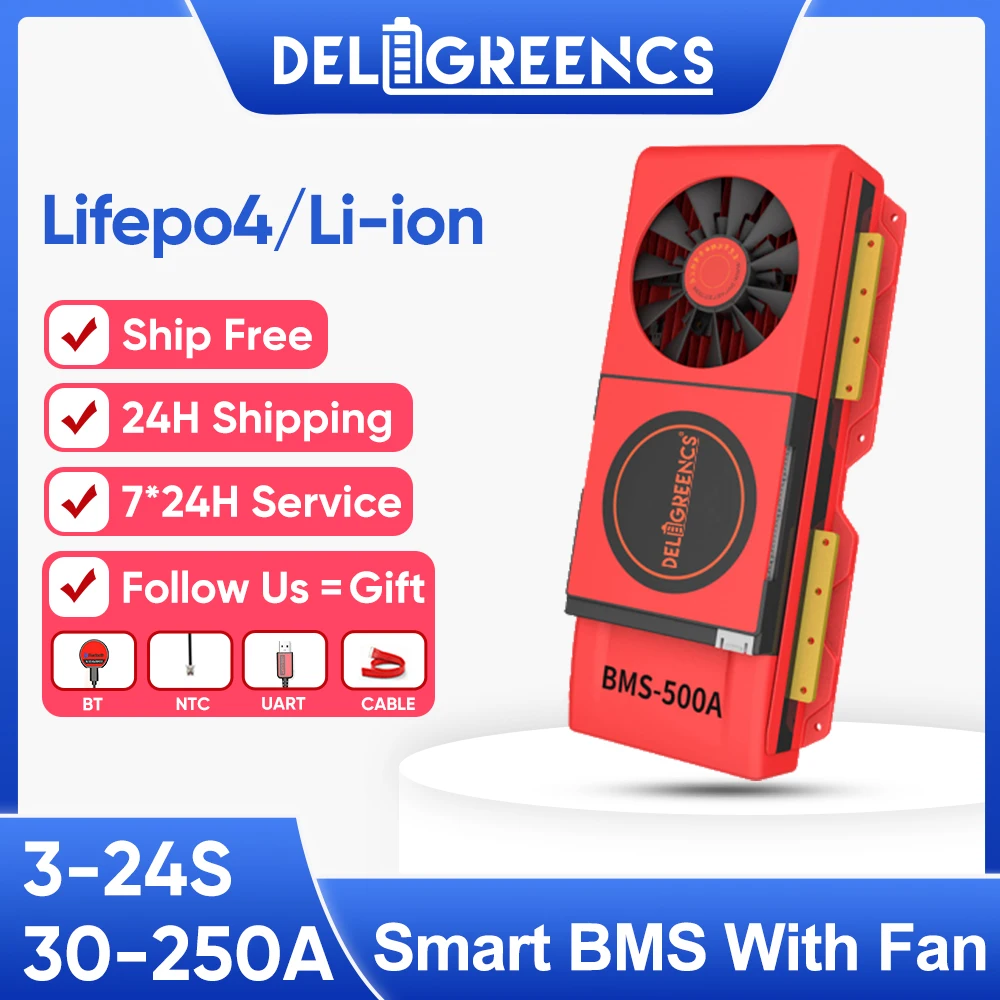 

Smart BMS With Fan LiFePO4 3S 4S 6S 7S 8S 10S 12S 13S 14S 15S 16S 17S 20S 24S 3.2V Bluetooth APP Uart Cable For Lithium Battery