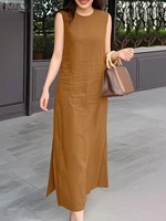 ZANZEA-Vestidos largos sin mangas para mujer, Vestidos largos informales con abertura lateral y cuello redondo, Vestidos sin mangas lisos para ir al trabajo en verano 2025