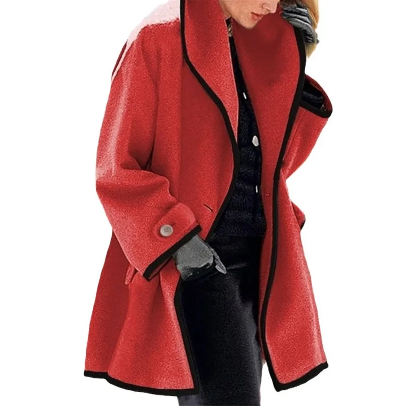 Women's Fashion Autumn Winter Multicolor Round Neck Loose Hooded Woolen Coat Color Blocked Edge Women's Coat