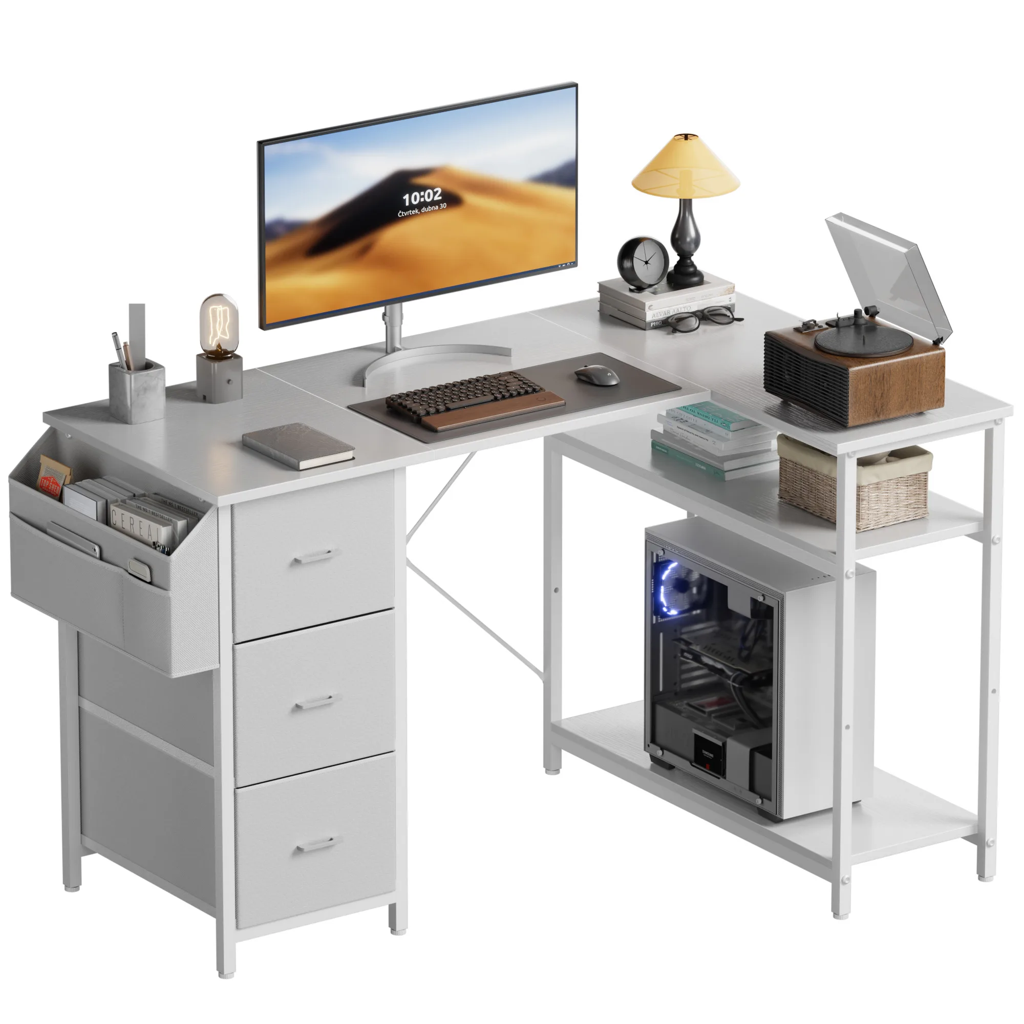 Escritorio para computadora de 120/140 cm, escritorio esquinero para oficina con 3 cajones de tela, escritorio en forma de L con bolsillo lateral, mesa para PC para juegos de oficina