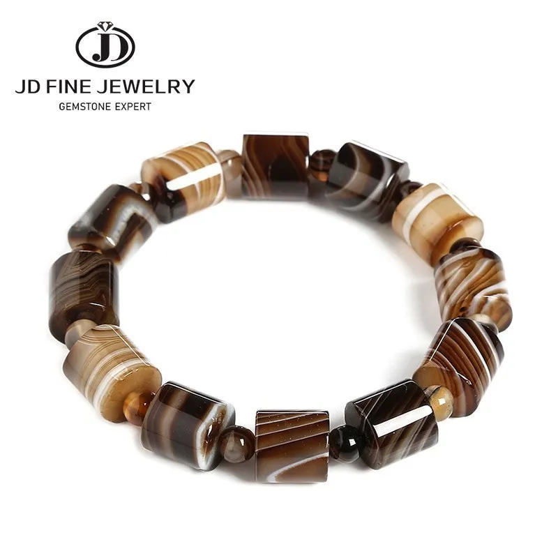 JD Genuine 12mm Natural Coffee Lace Agate Bracelets Men Handmade Tibetan Buddha Hand String Barrel Rosary Prayer Beads Bangles