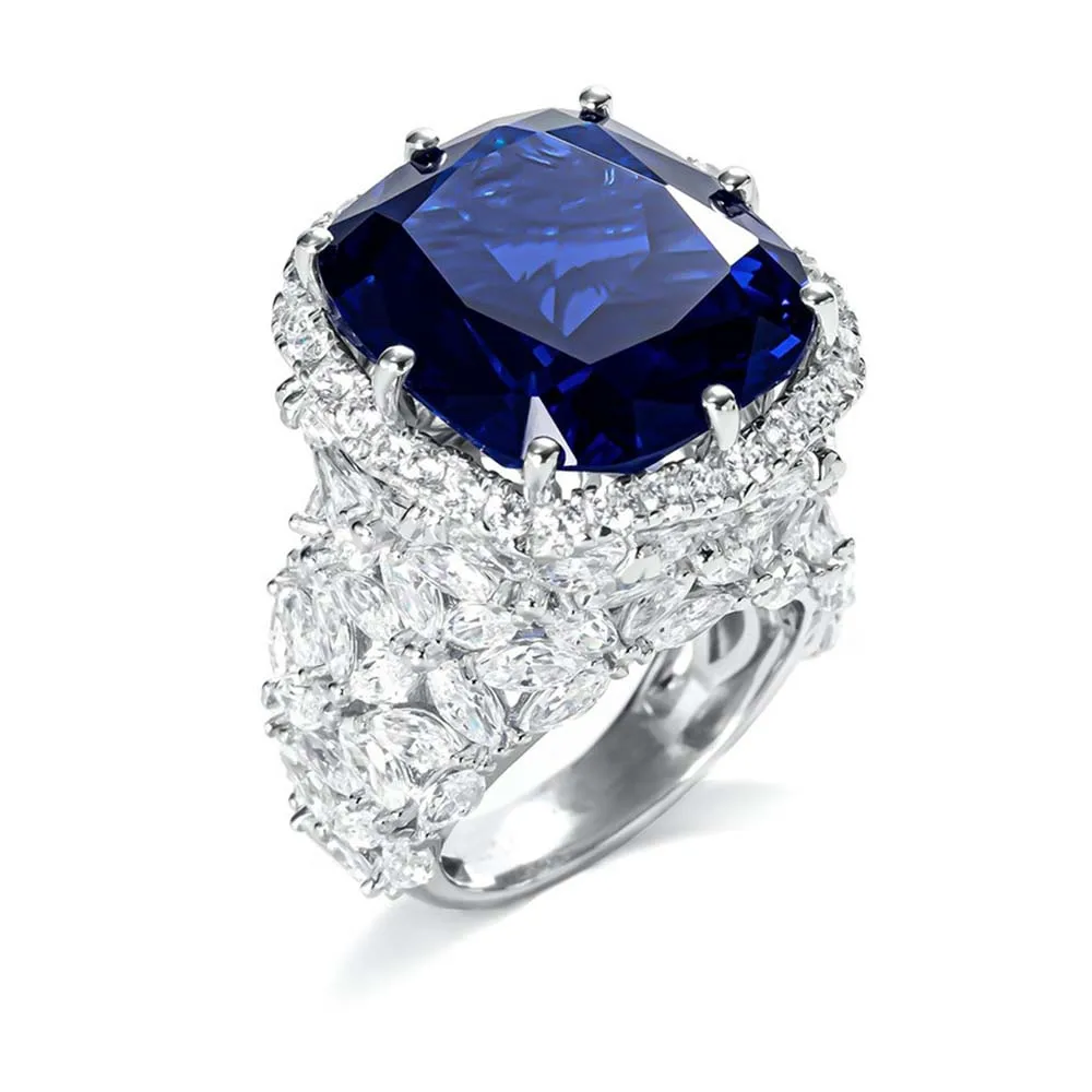 Imagem -06 - Sterling Silver Grande Almofada de Corte Royal Blue Stone Diamante de Alto Carbono Criado Anéis de Safira Artesanato de Luxo Jóias Kqdance-925