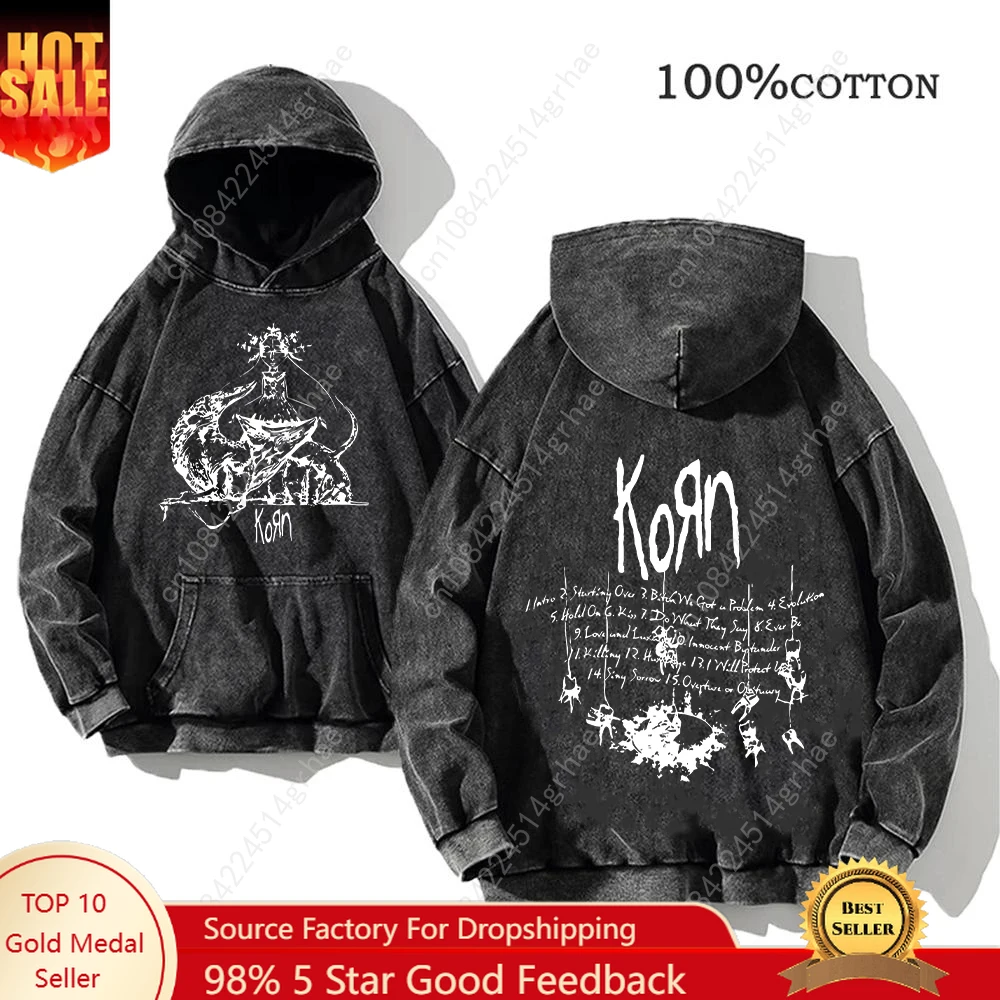 Korn Rock Band World Tour Hoodies Vintage Washed Men's Sweatshirts Cotton Hip Hop Streetwear Hooded Pullover Loose Y2K Tops